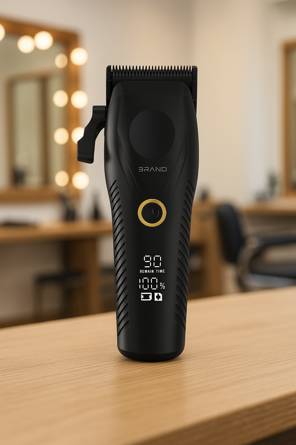 Close-up of Mioco Professional Clipper showing DLC blade and LED display in barbershop setting