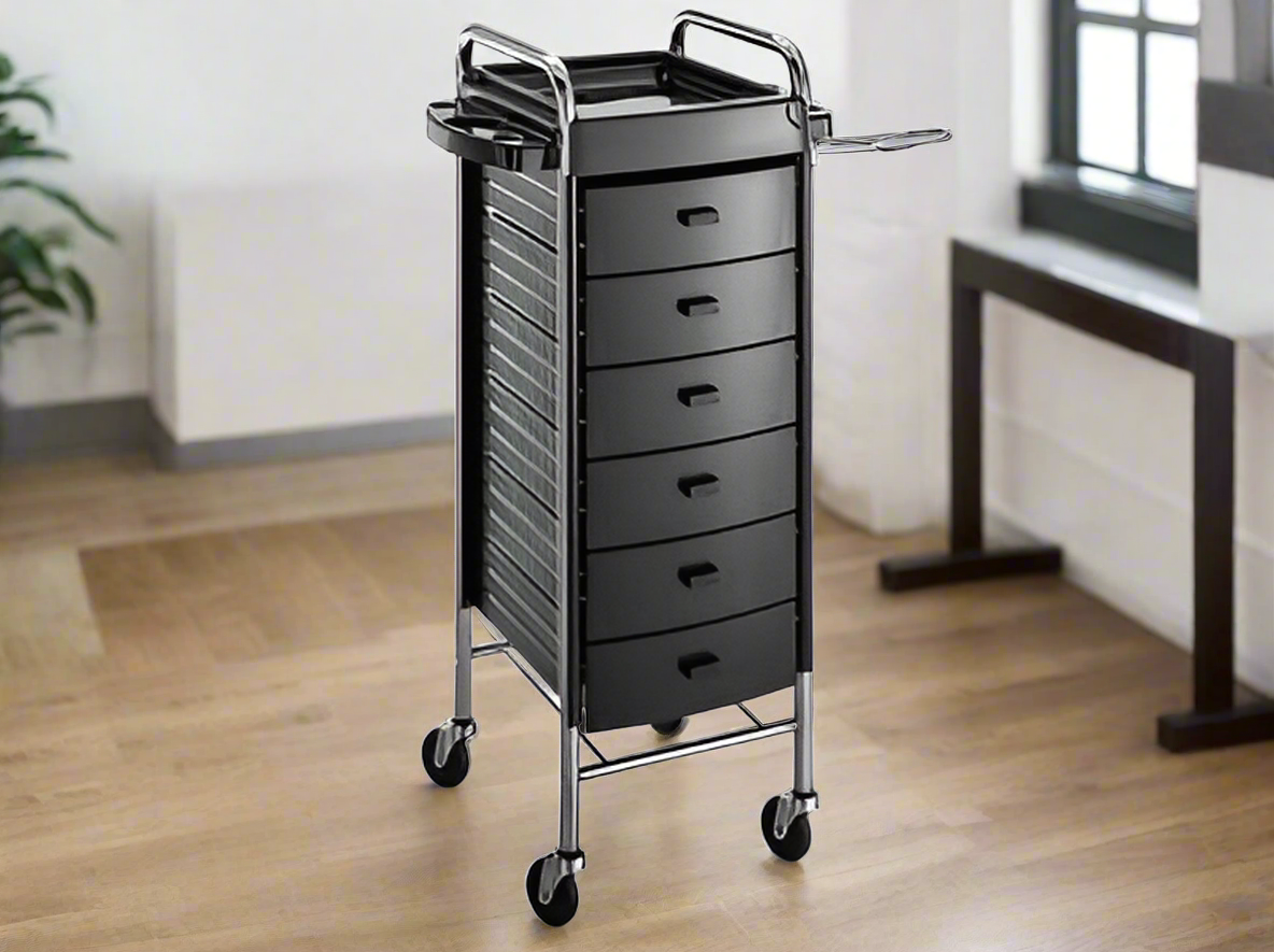 Luxury Italian salon trolley with storage, wheels and heat resistant surface