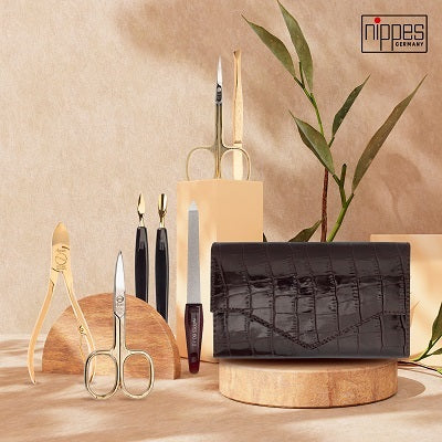 Nippes CROCO, manicure set, 7 pcs. Gold-plated instruments, leather case, crocodile embossing, dark brown - Tulipa Hair & Beauty