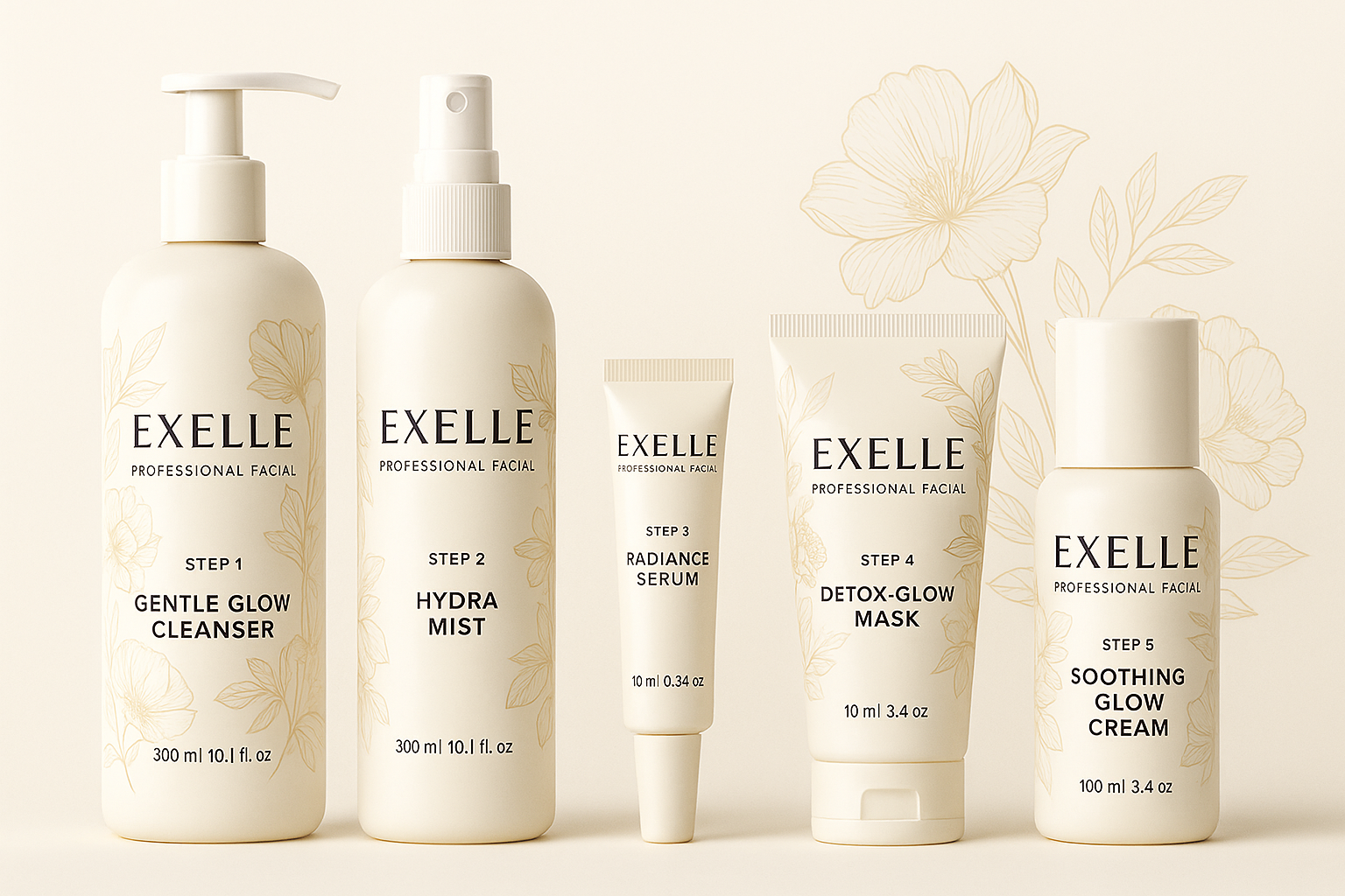 Exelle Professional Glow Facial Kit – 5-step luxury skincare set with cleanser, mist, serum, mask, and cream in matt ivory floral packaging