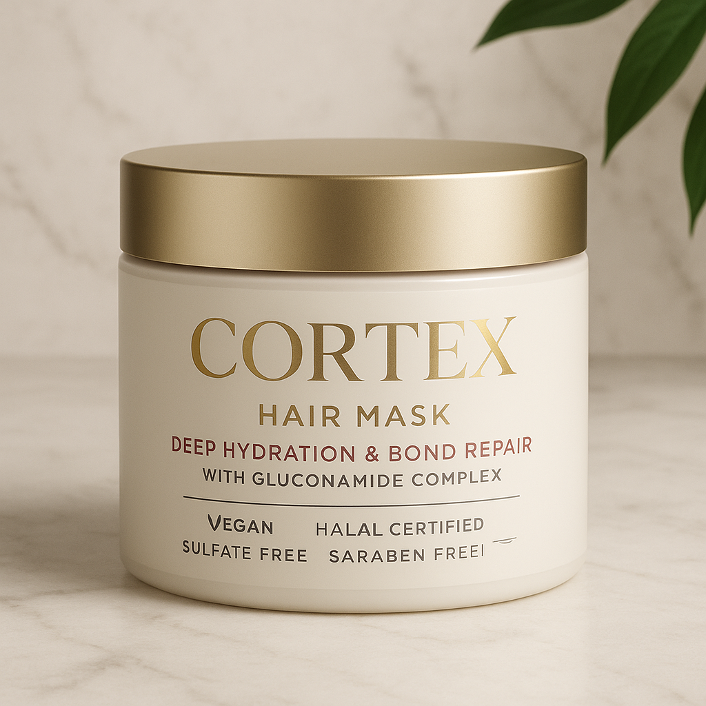 Cortex Deep Repair Hair Mask – 500ml jar with gold lid on white background

Open jar of Cortex hair mask showing rich, creamy texture

Cortex bond repair mask – vegan, halal-certified hair treatment

Luxury hair mask for dry, damaged or bleached hair