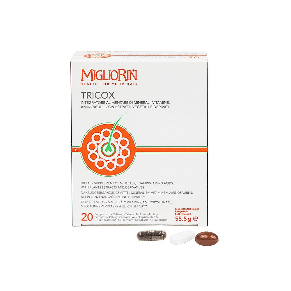 Bottle of Migliorin Tricox Tablets – Hair growth supplement for stronger, healthier hair.