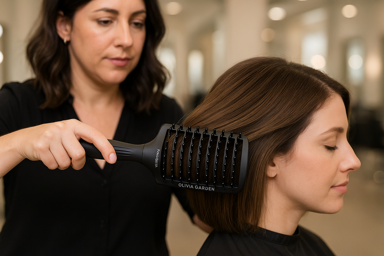 Professional hair stylist using Olivia Garden tunnel brush